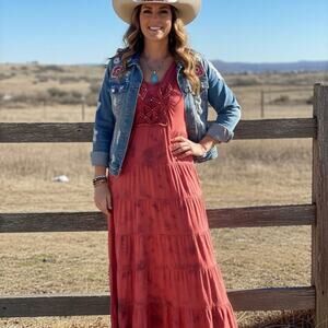 Reba cotton blend stretch knit tie-dye maxi dress with a macrame neck Medium